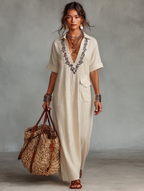 Linen Blend Embroidered Maxi Dress Women UK – Short-sleeved Shirt Dress, Wedding Guest & Garden Party