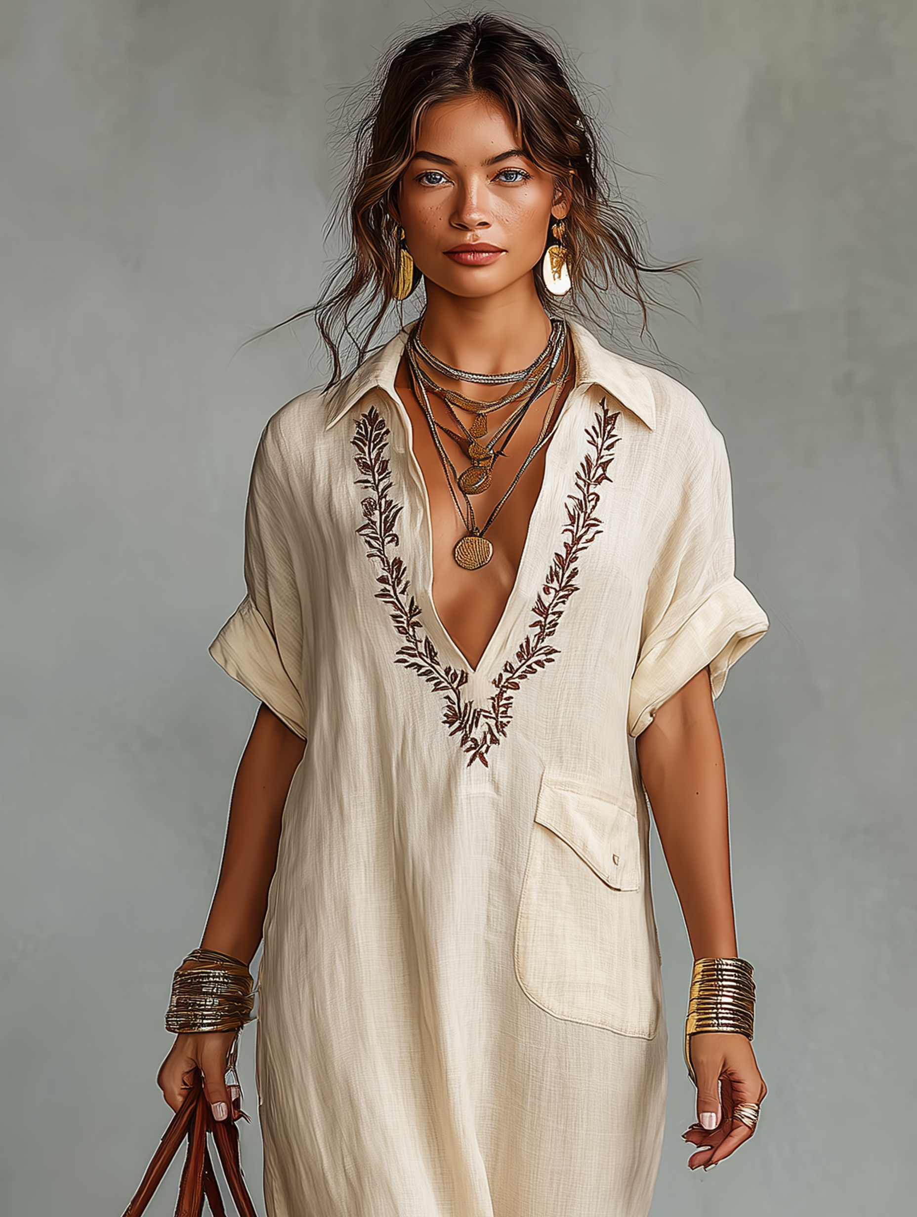 Linen Blend Embroidered Maxi Dress Women UK – Short-sleeved Shirt Dress, Wedding Guest & Garden Party