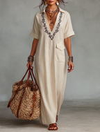 Linen Blend Embroidered Maxi Dress Women UK – Short-sleeved Shirt Dress, Wedding Guest & Garden Party