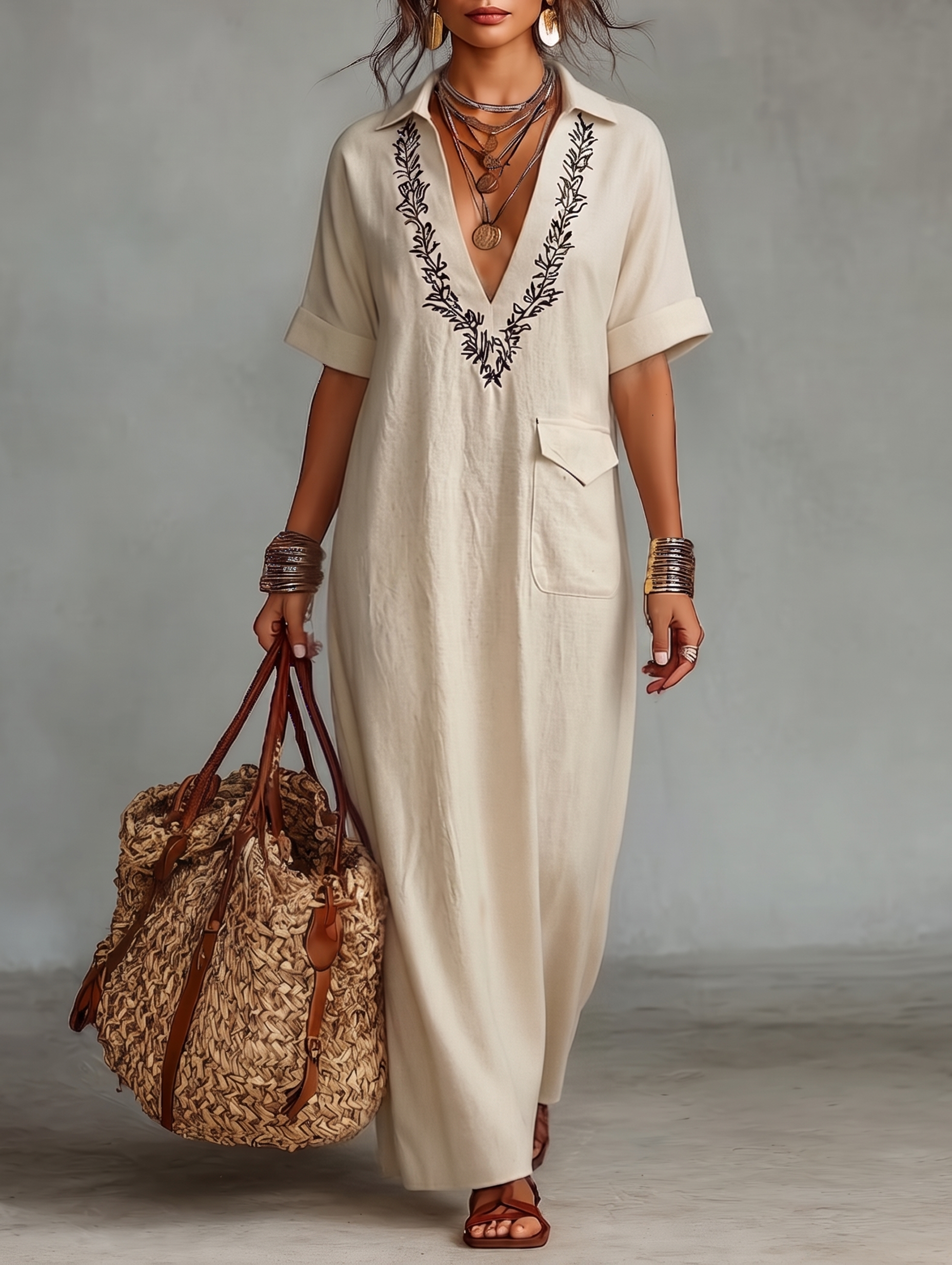 Linen Blend Embroidered Maxi Dress Women UK – Short-sleeved Shirt Dress, Wedding Guest & Garden Party