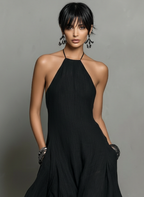Linen Blend Halter Neck Sleeveless Maxi Dress Women UK – Wedding Guest Garden Party Evening Gown, Cocktail Attire