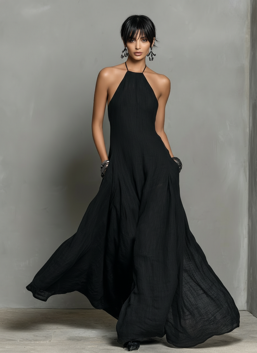 Linen Blend Halter Neck Sleeveless Maxi Dress Women UK – Wedding Guest Garden Party Evening Gown, Cocktail Attire