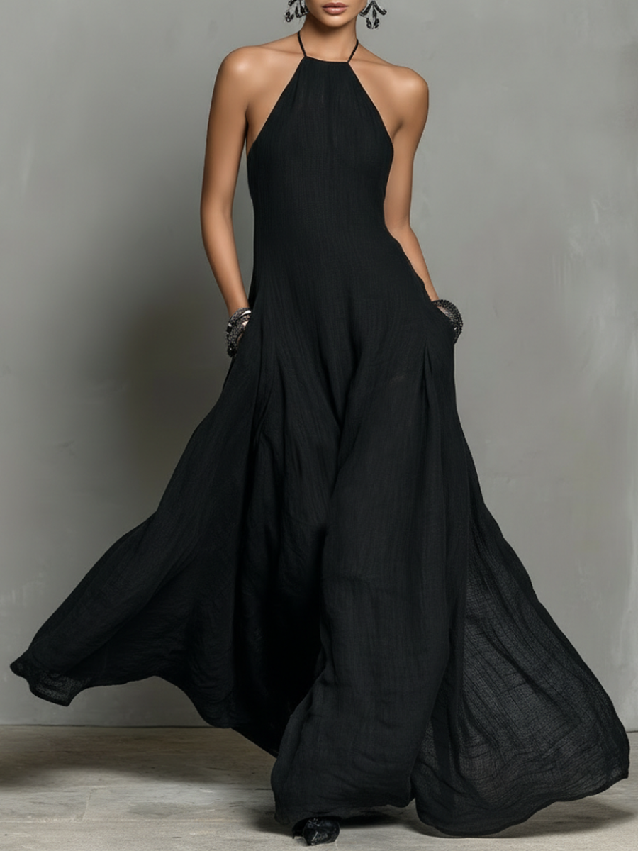 Linen Blend Halter Neck Sleeveless Maxi Dress Women UK – Wedding Guest Garden Party Evening Gown, Cocktail Attire