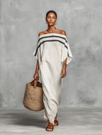 Linen Blend Off-the-shoulder Maxi Dress Women UK – Wedding Guest Garden Party Evening Gown, Resort Holiday