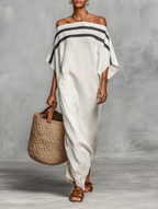 Linen Blend Off-the-shoulder Maxi Dress Women UK – Wedding Guest Garden Party Evening Gown, Resort Holiday
