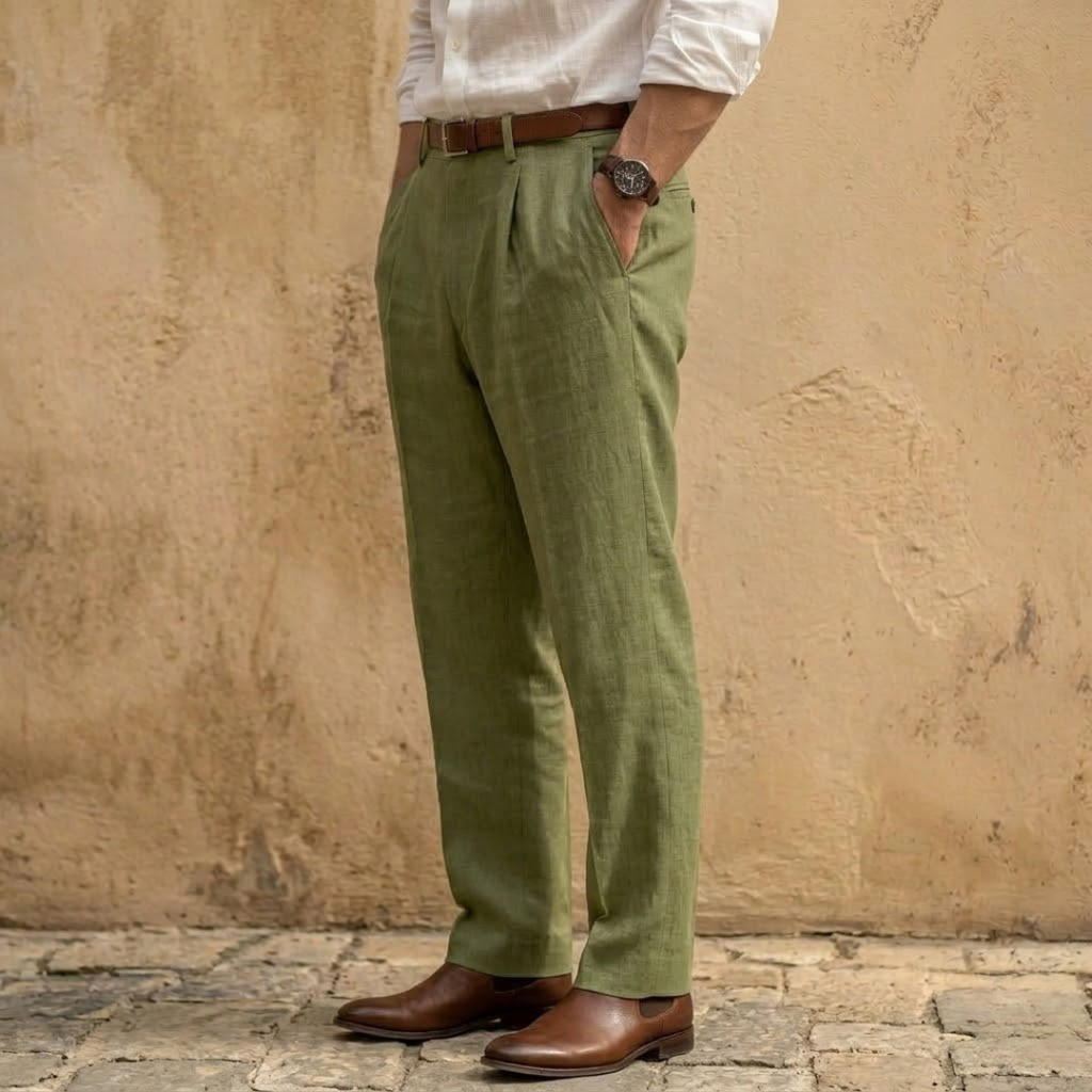 Linen Blend Pleated Straight Leg Trousers for Men - Casual or Formal Wear