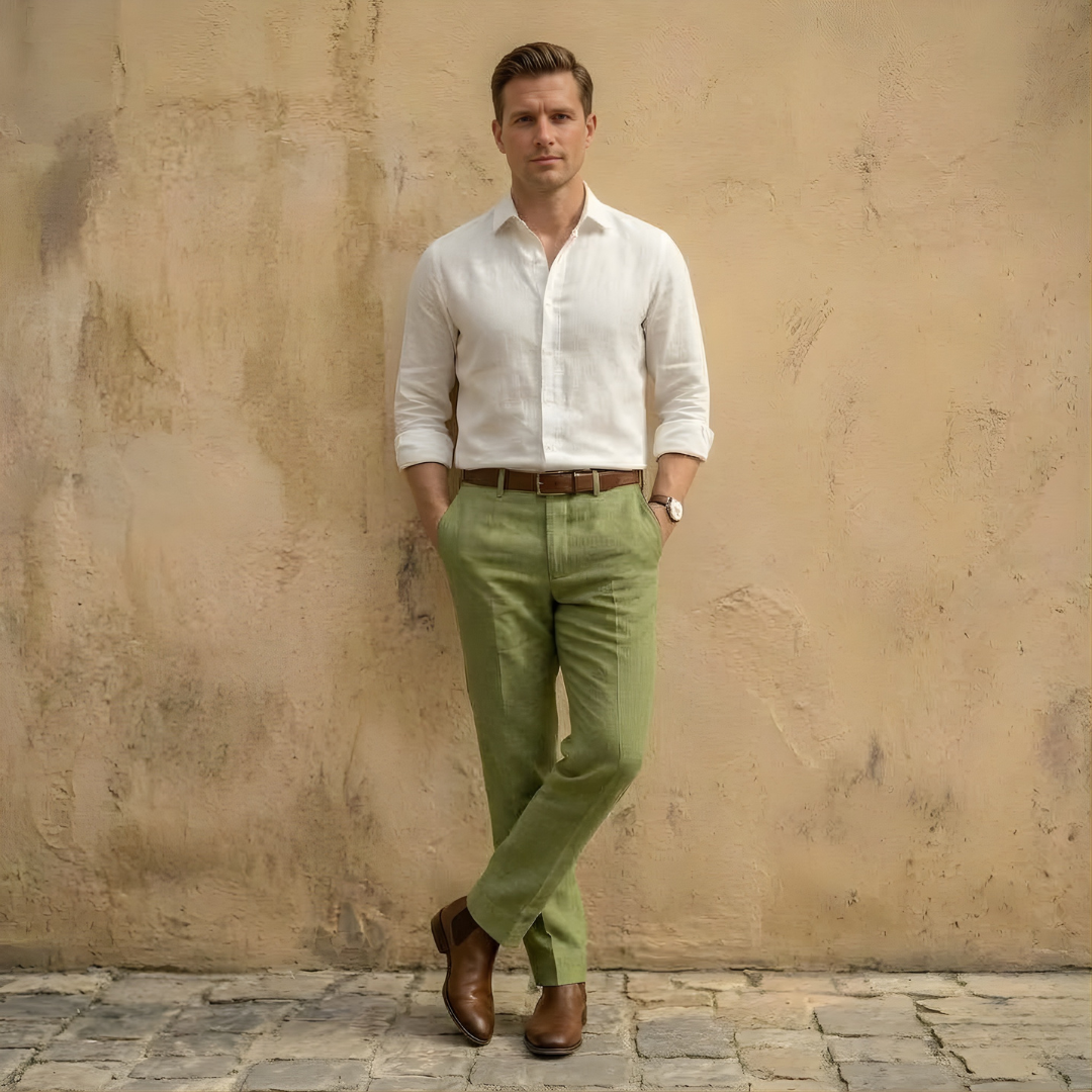 Linen Blend Pleated Straight Leg Trousers for Men - Casual or Formal Wear