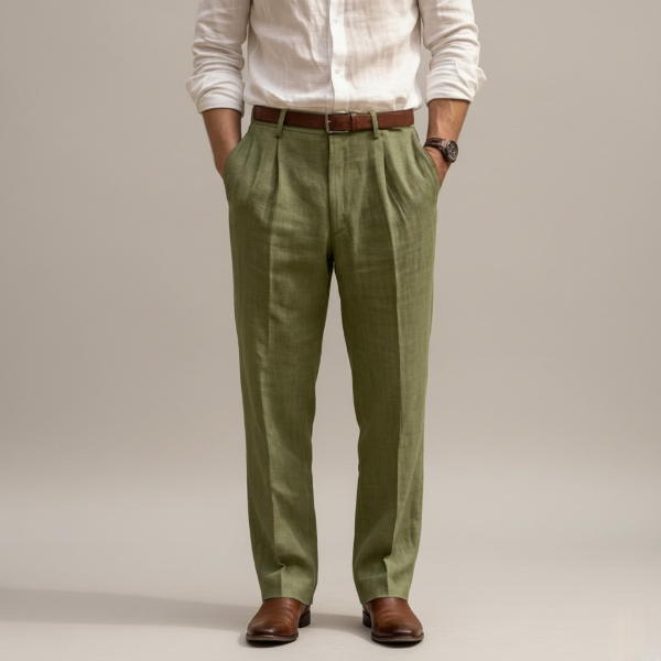 Linen Blend Pleated Straight Leg Trousers for Men - Casual or Formal Wear