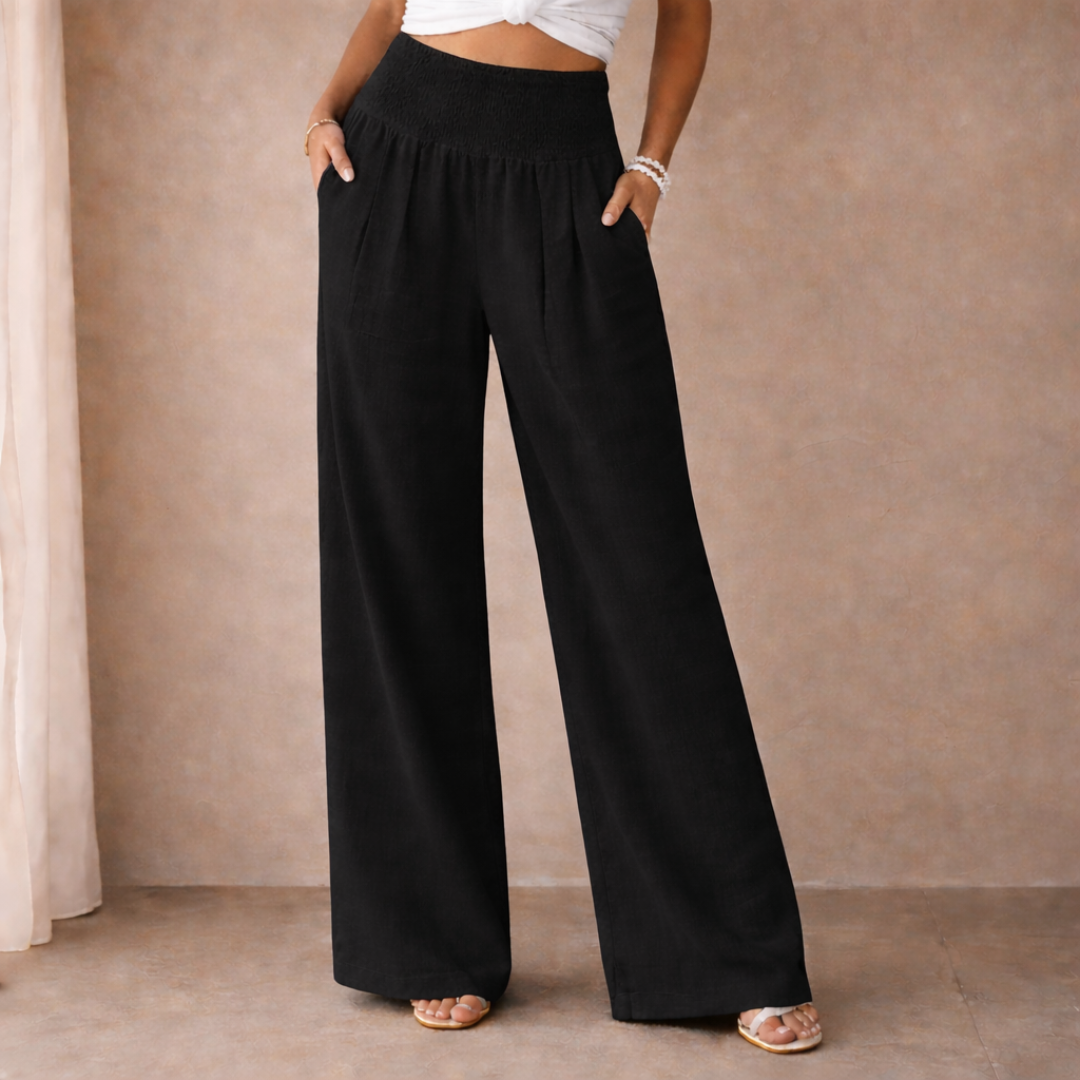 Linen Blend Wide Leg Trousers with Smocked Waist for Casual Wear