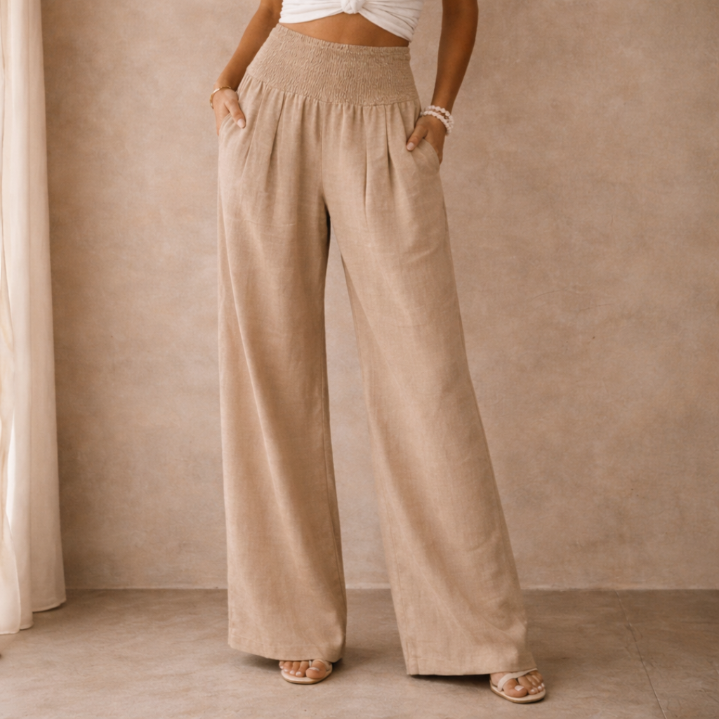 Linen Blend Wide Leg Trousers with Smocked Waist for Casual Wear