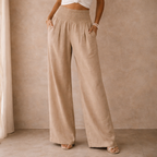 Linen Blend Wide Leg Trousers with Smocked Waist for Casual Wear