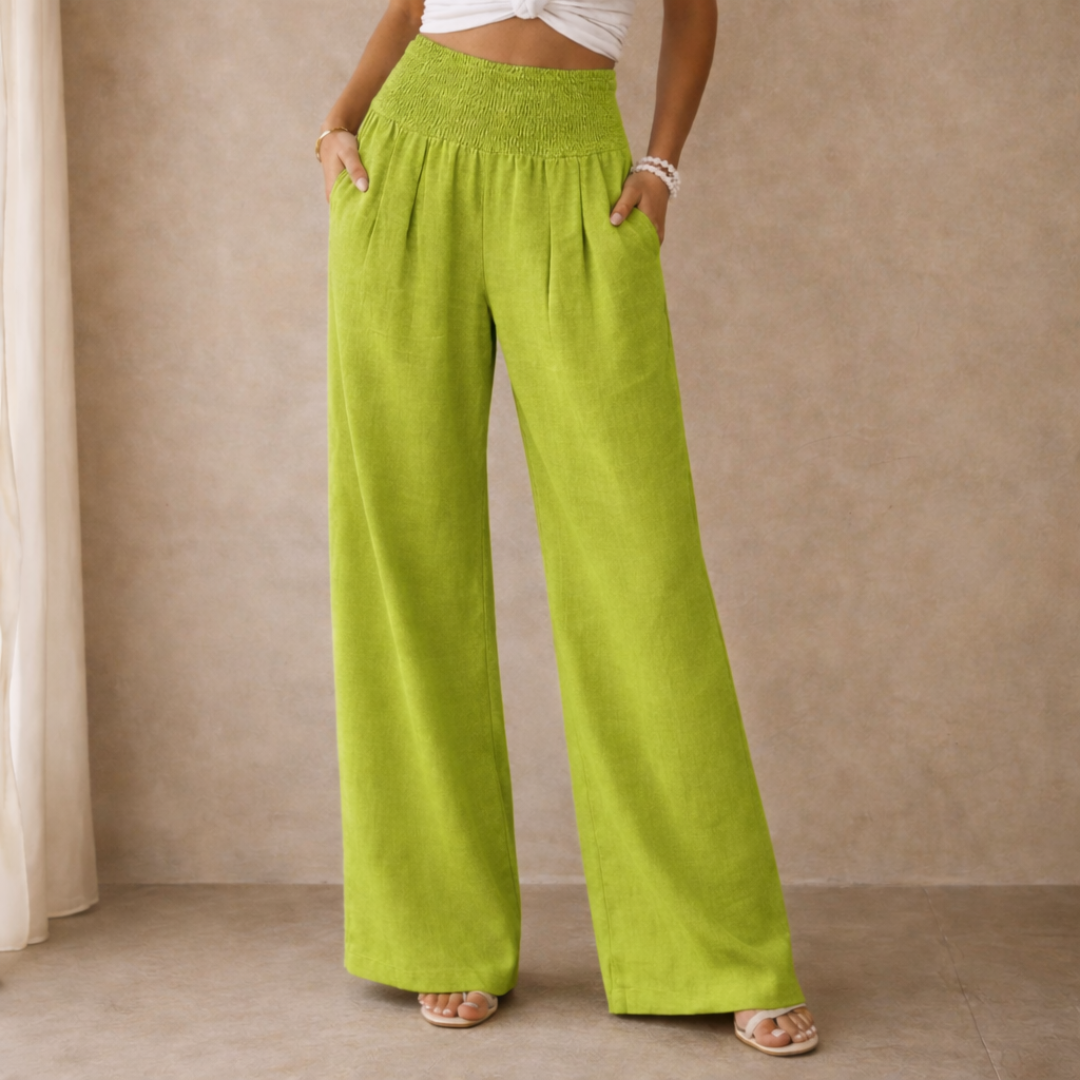 Linen Blend Wide Leg Trousers with Smocked Waist for Casual Wear