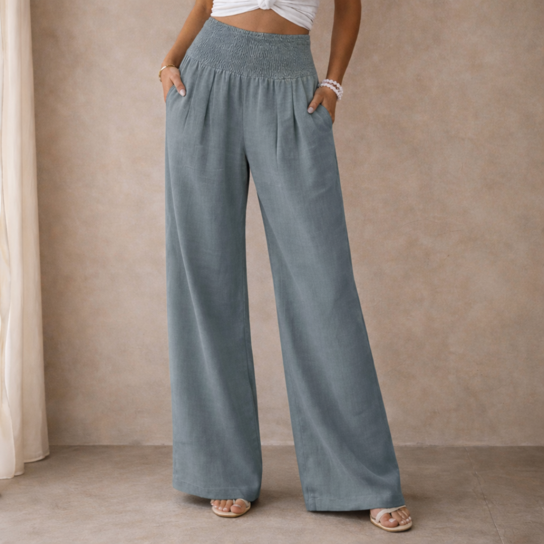 Linen Blend Wide Leg Trousers with Smocked Waist for Casual Wear