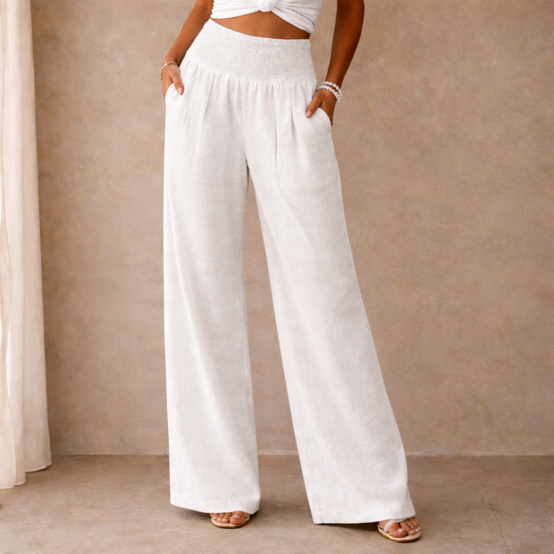 Linen Blend Wide Leg Trousers with Smocked Waist for Casual Wear