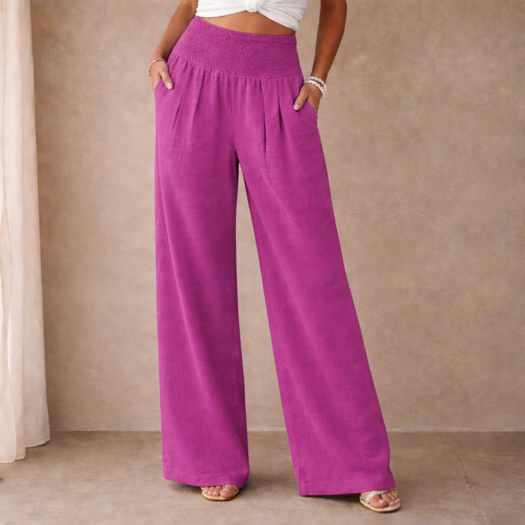 Linen Blend Wide Leg Trousers with Smocked Waist for Casual Wear