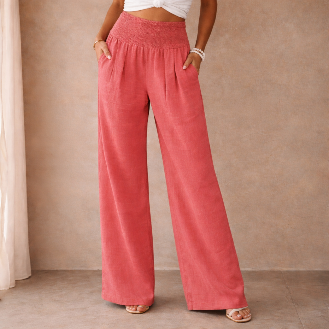Linen Blend Wide Leg Trousers with Smocked Waist for Casual Wear