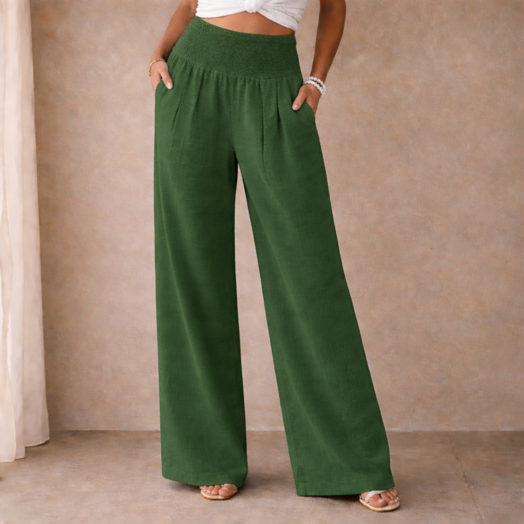 Linen Blend Wide Leg Trousers with Smocked Waist for Casual Wear