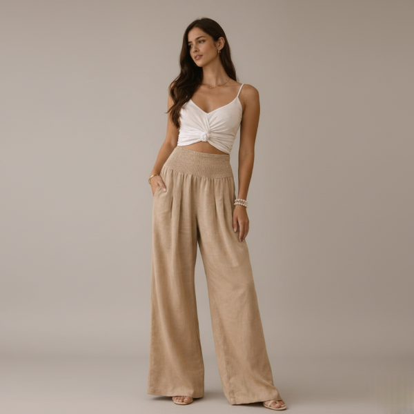 Linen Blend Wide Leg Trousers with Smocked Waist for Casual Wear
