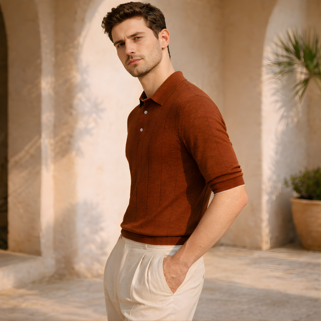 Linen Cotton Knit Polo Shirt for Men - Casual Summer Wear, Short Sleeve