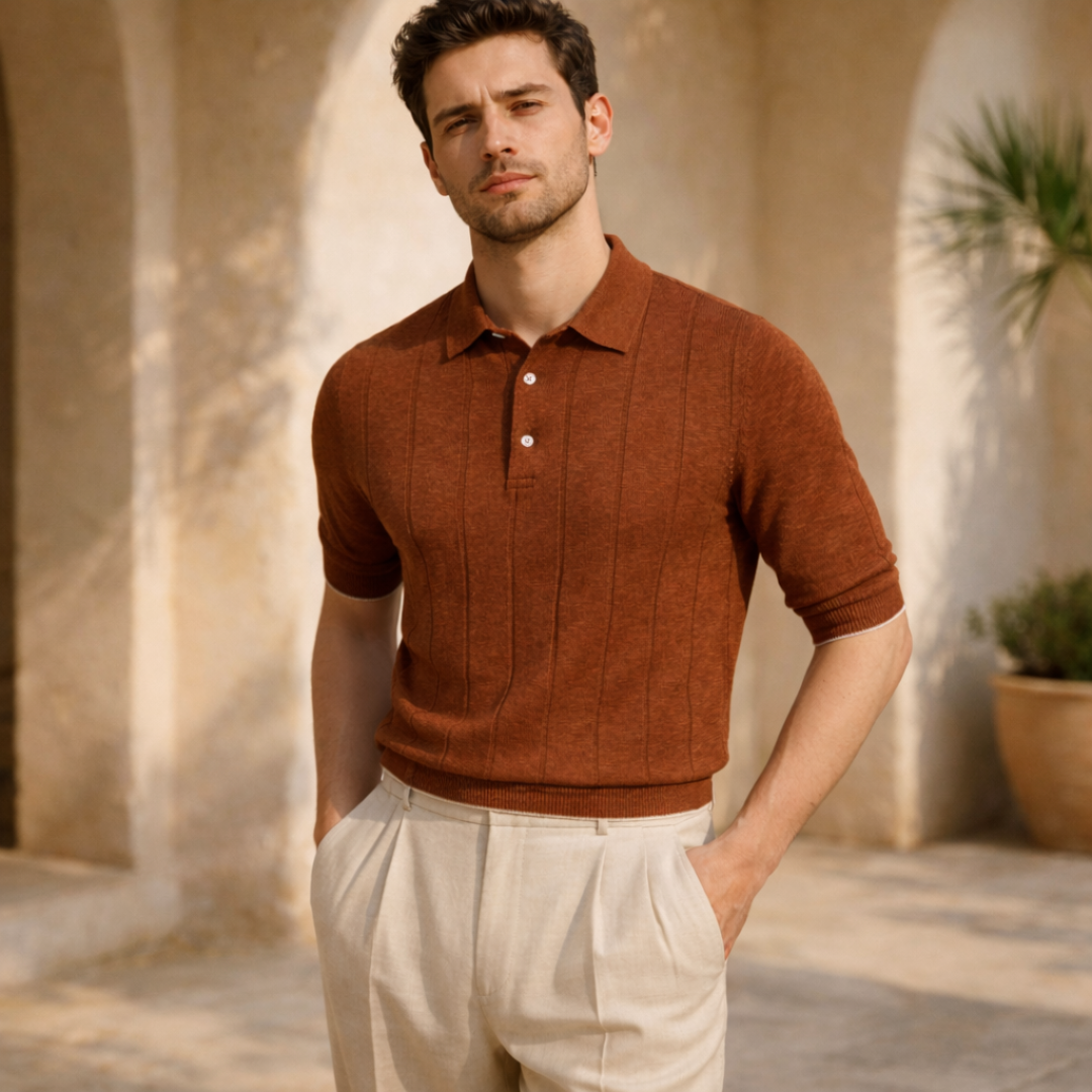Linen Cotton Knit Polo Shirt for Men - Casual Summer Wear, Short Sleeve