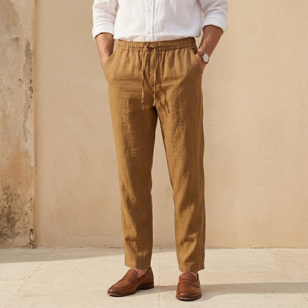 Linen Drawstring Trousers for Men - Straight Leg Casual Pants