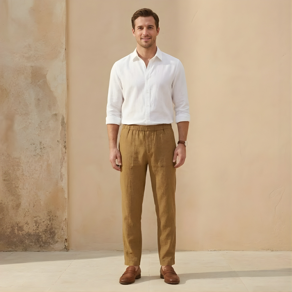 Linen Drawstring Trousers for Men - Straight Leg Casual Pants