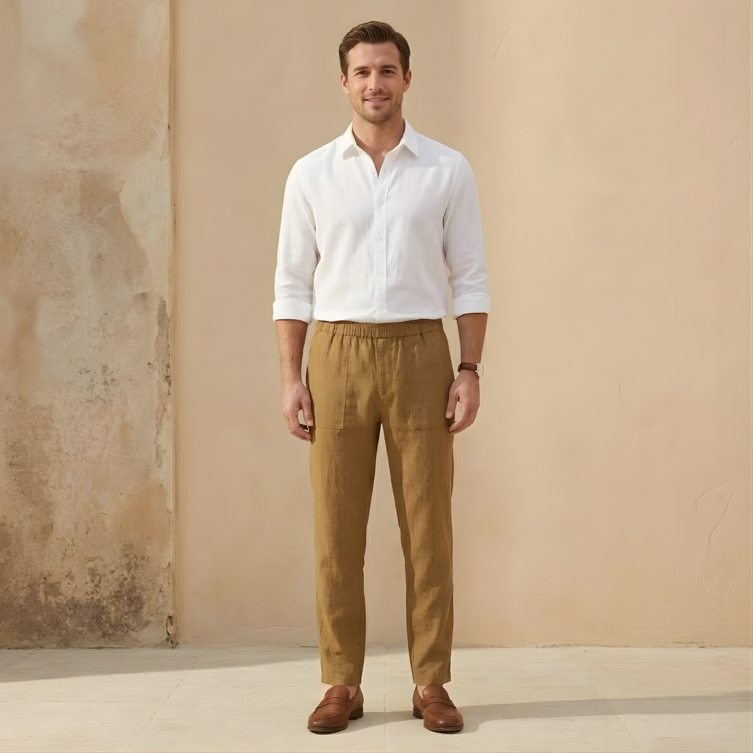 Linen Drawstring Trousers for Men - Straight Leg Casual Pants