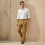 Linen Drawstring Trousers for Men - Straight Leg Casual Pants