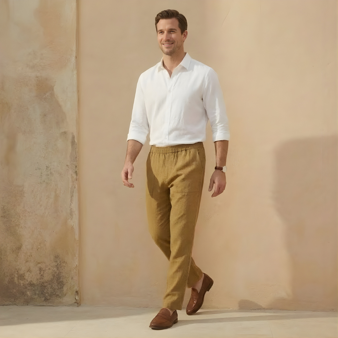 Linen Drawstring Trousers for Men - Straight Leg Casual Pants