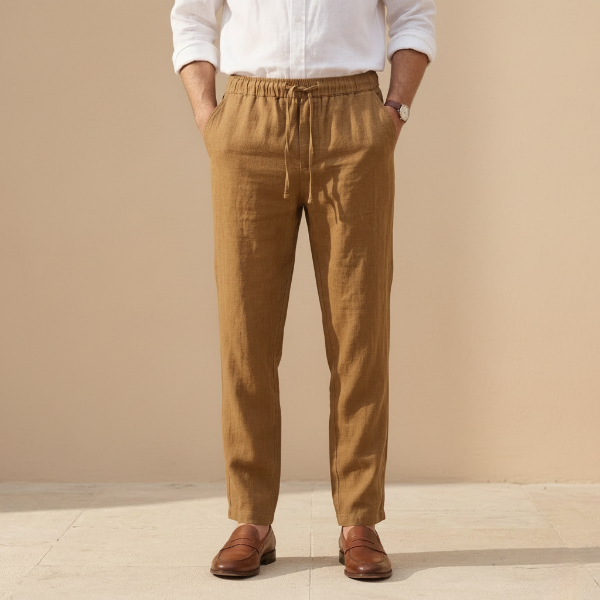 Linen Drawstring Trousers for Men - Straight Leg Casual Pants