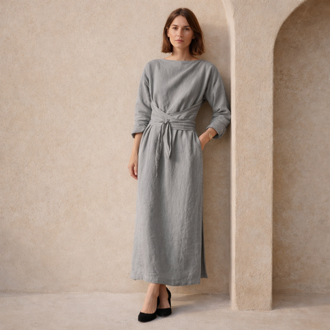 Linen Maxi Wrap Dress for Women with Tie Waist - Casual Summer Outfit