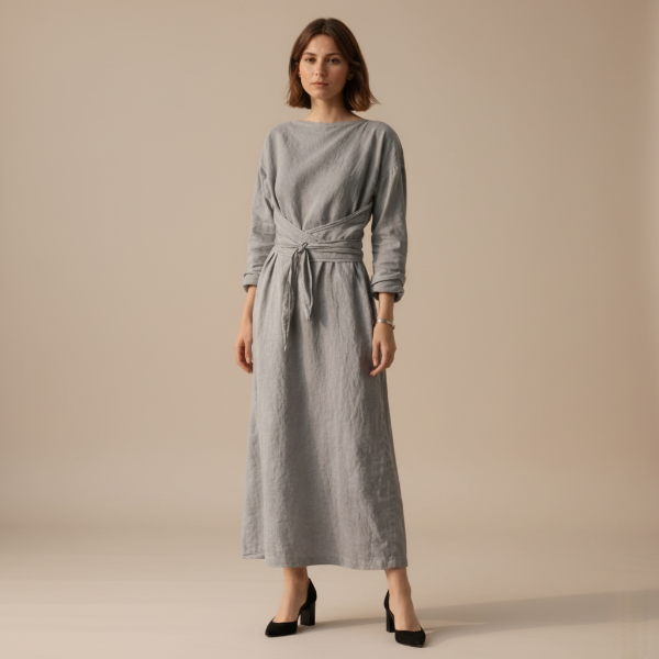 Linen Maxi Wrap Dress for Women with Tie Waist - Casual Summer Outfit