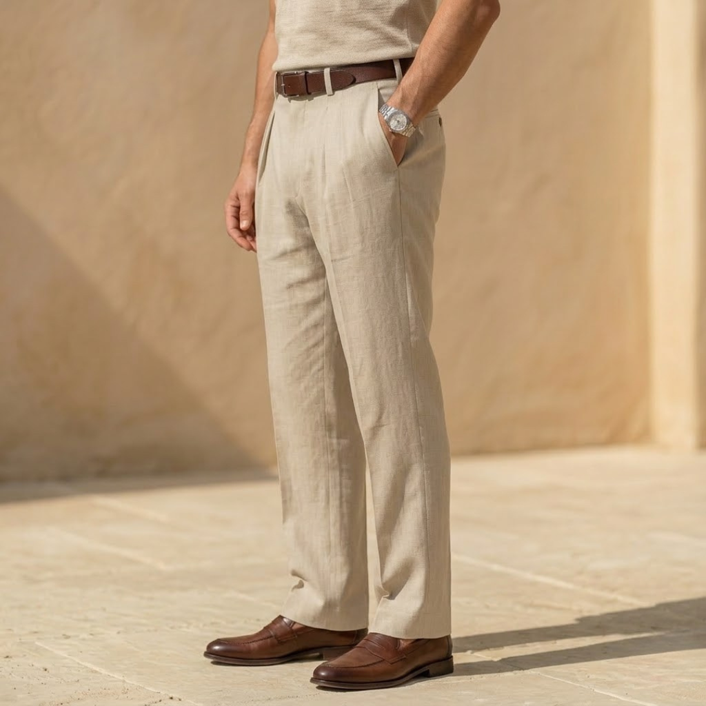 Linen Pleated Straight Leg Trousers for Men - Relaxed Fit Casual Pants