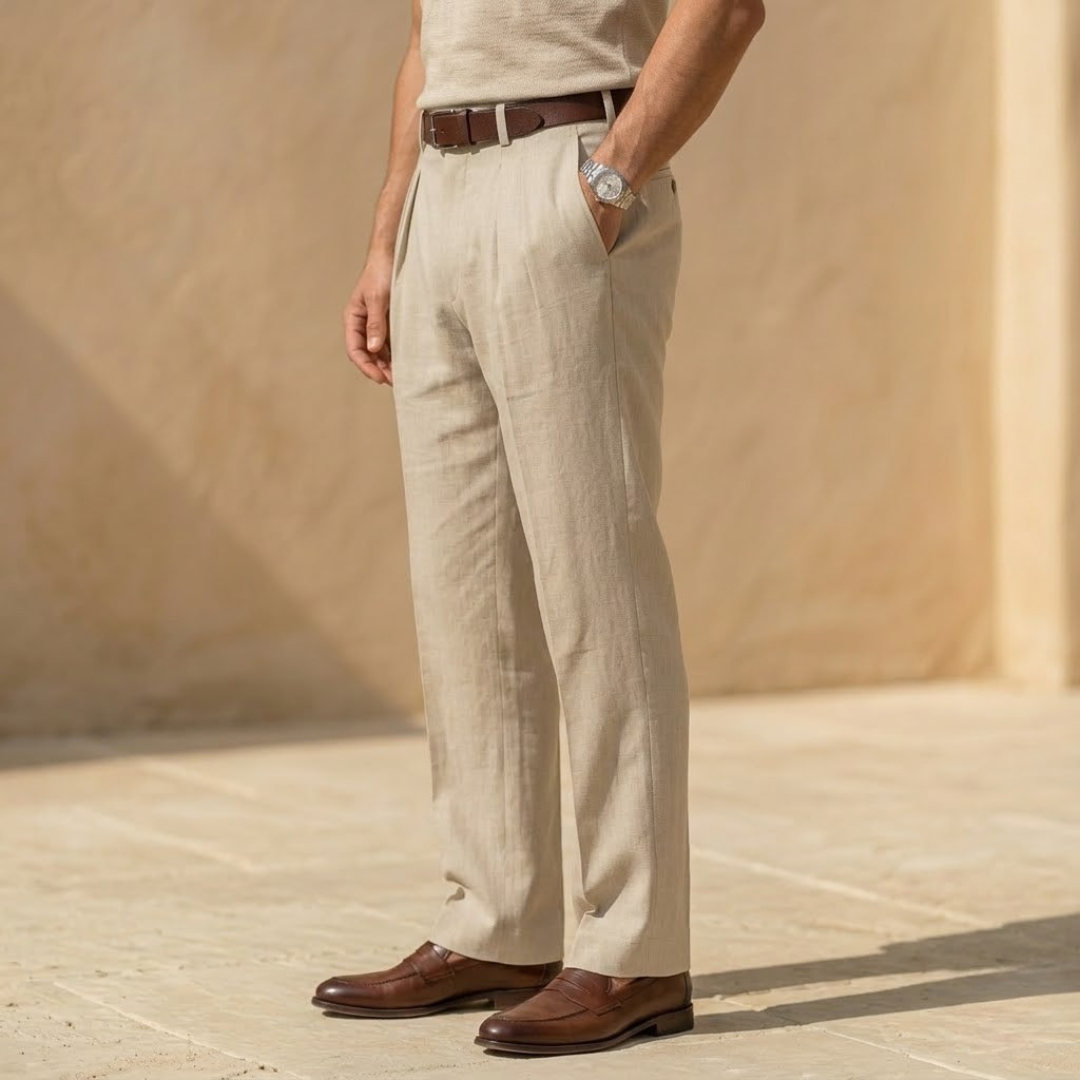 Linen Pleated Straight Leg Trousers for Men - Relaxed Fit Casual Pants