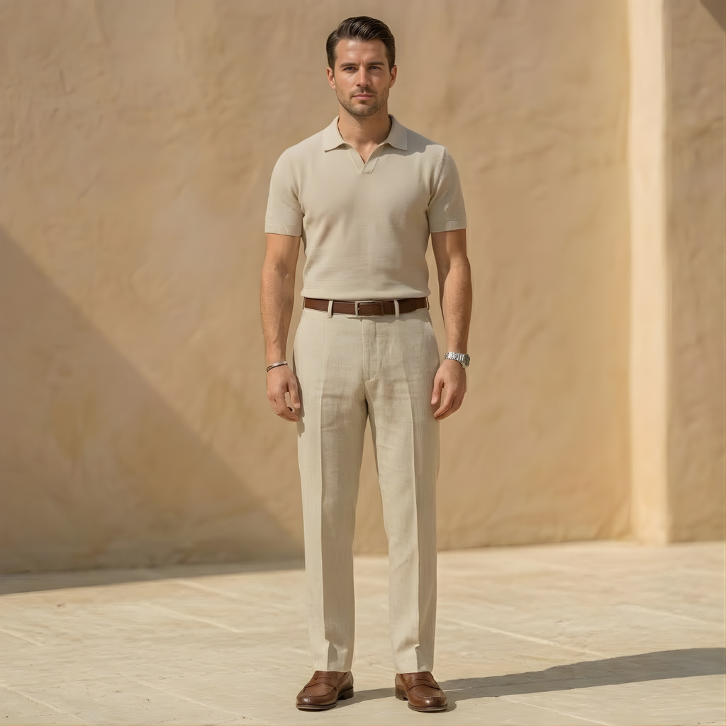 Linen Pleated Straight Leg Trousers for Men - Relaxed Fit Casual Pants
