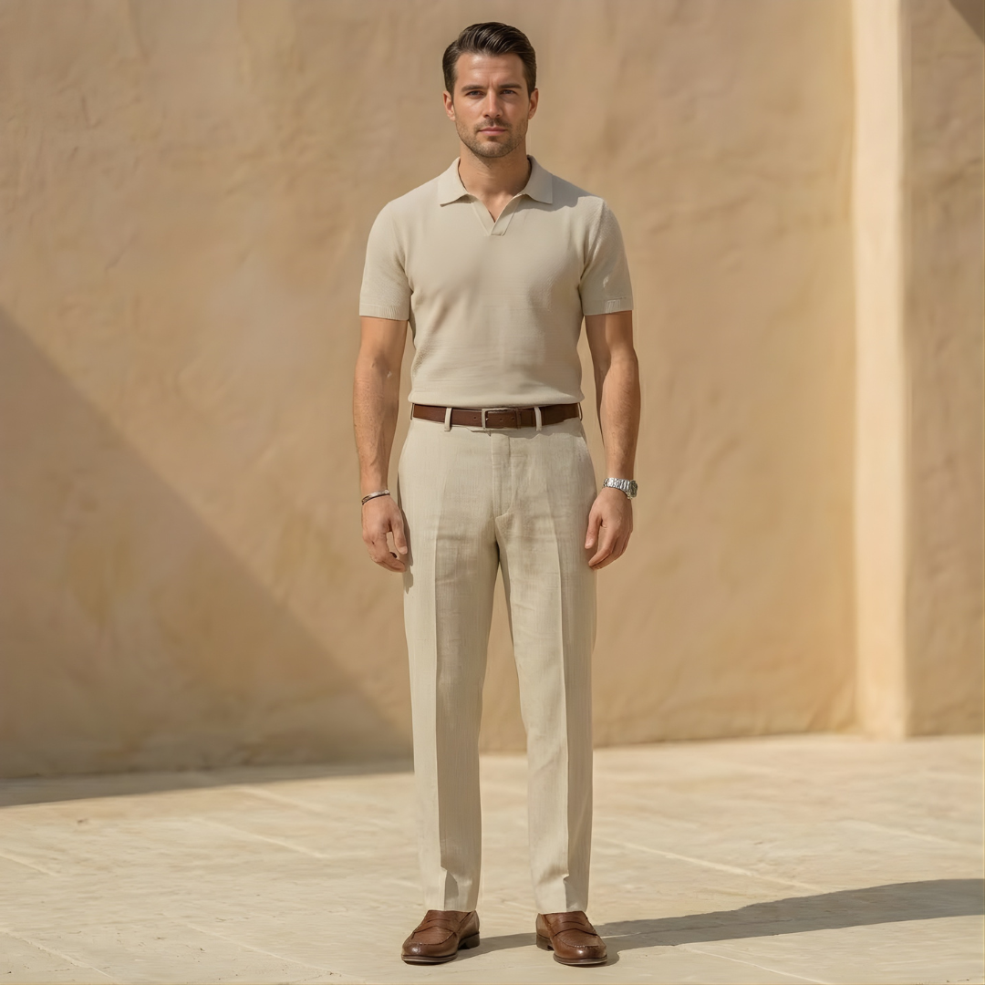 Linen Pleated Straight Leg Trousers for Men - Relaxed Fit Casual Pants