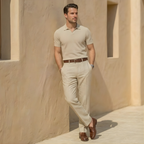Linen Pleated Straight Leg Trousers for Men - Relaxed Fit Casual Pants