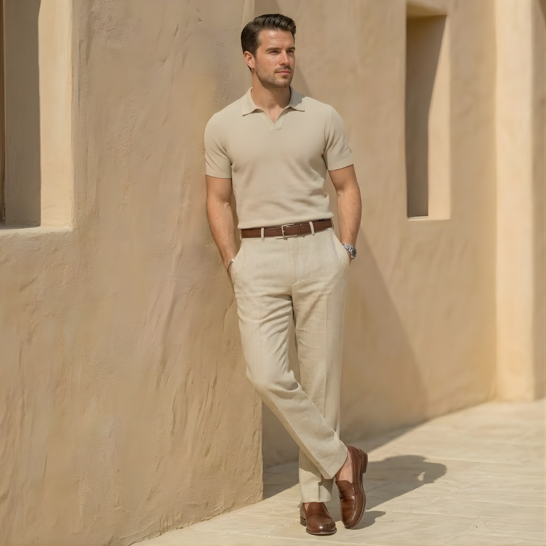 Linen Pleated Straight Leg Trousers for Men - Relaxed Fit Casual Pants