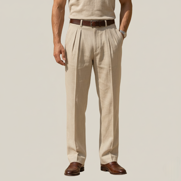 Linen Pleated Straight Leg Trousers for Men - Relaxed Fit Casual Pants