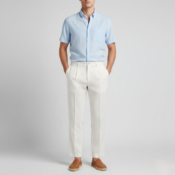 Linen Pleated Straight Leg Trousers for Men - Smart Casual Wear