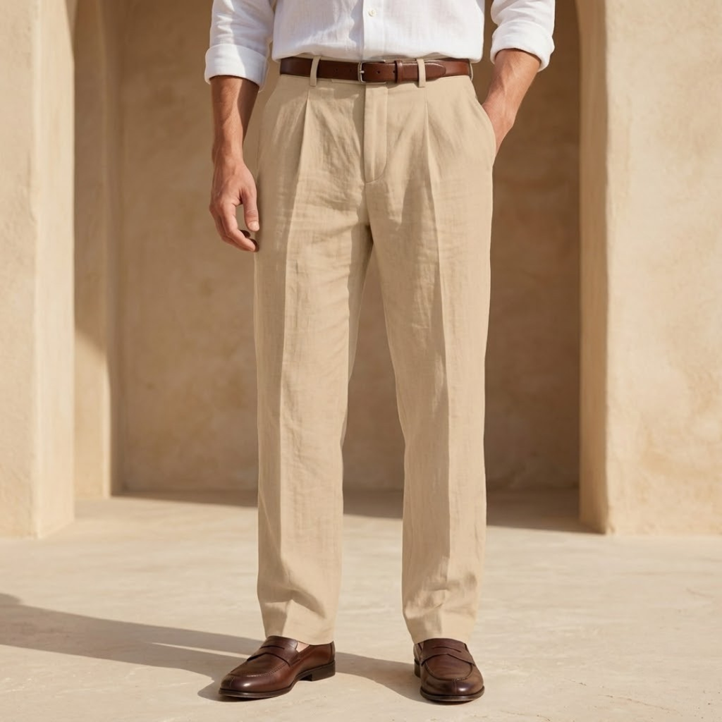 Linen Pleated Straight Leg Trousers for Men - Smart Casual Wear