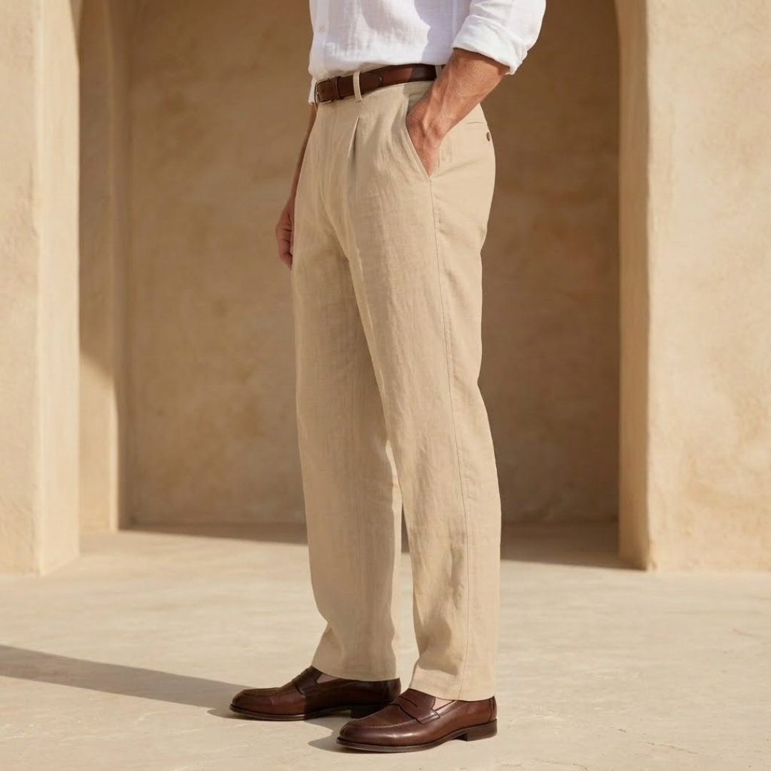 Linen Pleated Straight Leg Trousers for Men - Smart Casual Wear