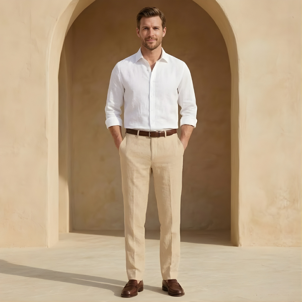 Linen Pleated Straight Leg Trousers for Men - Smart Casual Wear