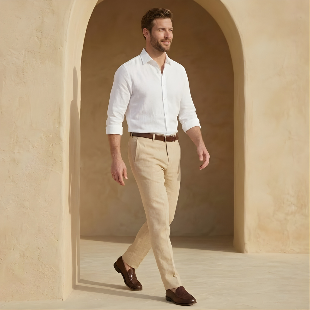 Linen Pleated Straight Leg Trousers for Men - Smart Casual Wear