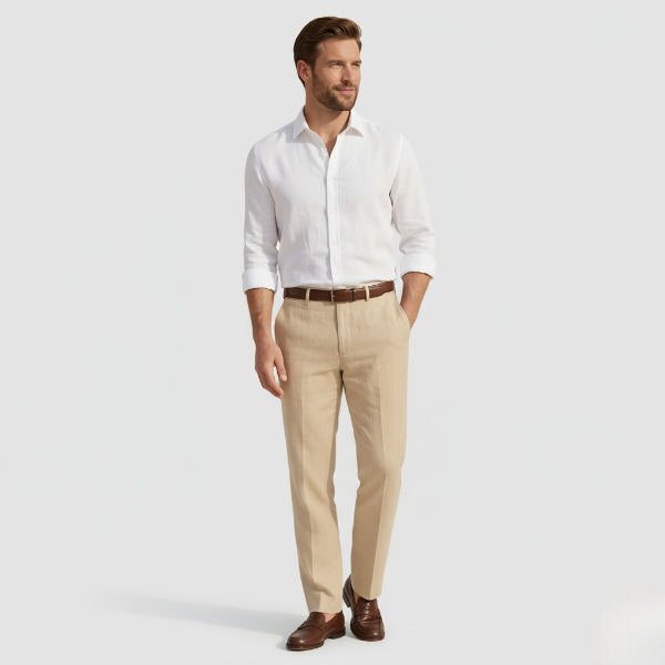 Linen Pleated Straight Leg Trousers for Men - Smart Casual Wear