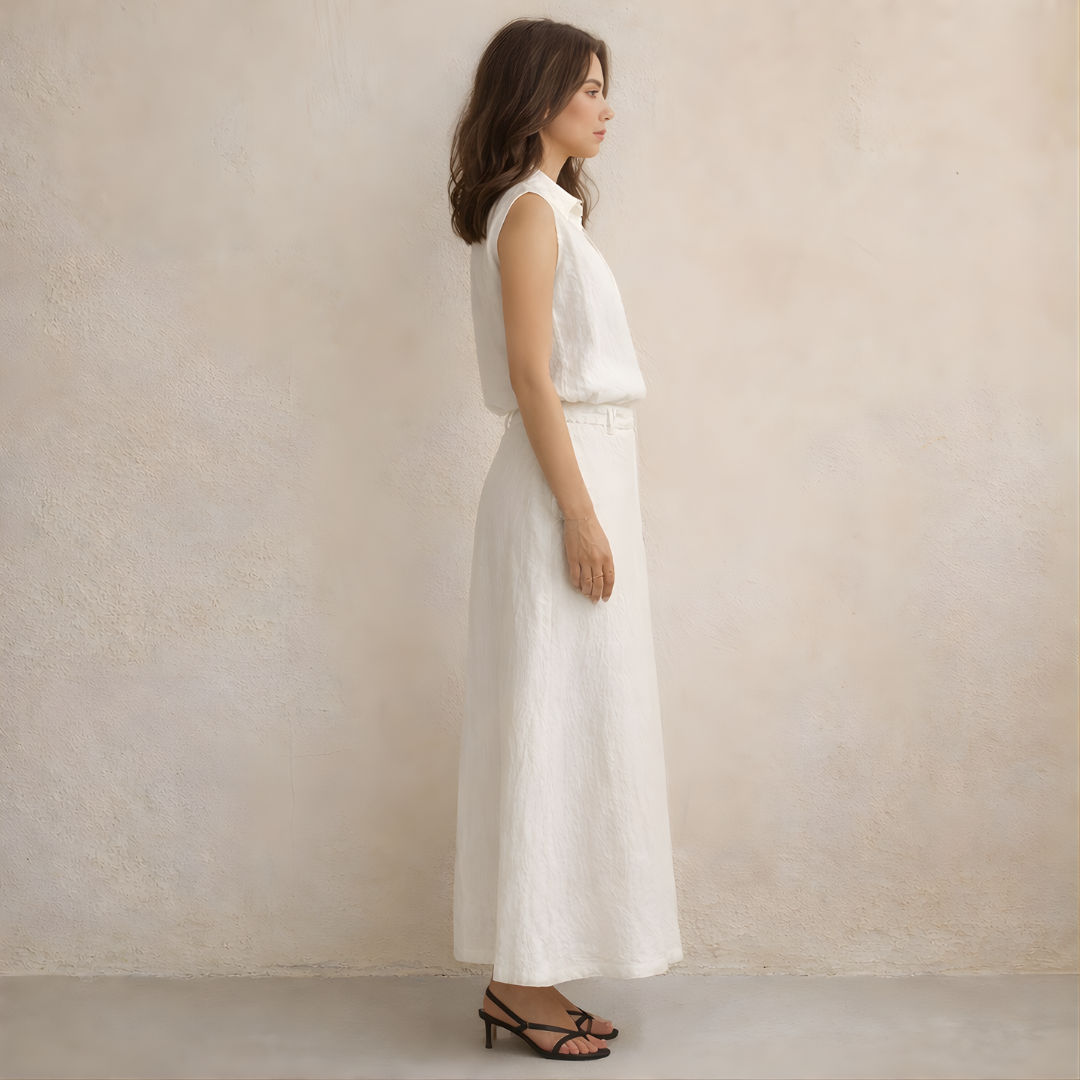 Linen Women's Co-ord Set - Sleeveless V-Neck Shirt & Skirt for Casual Wear