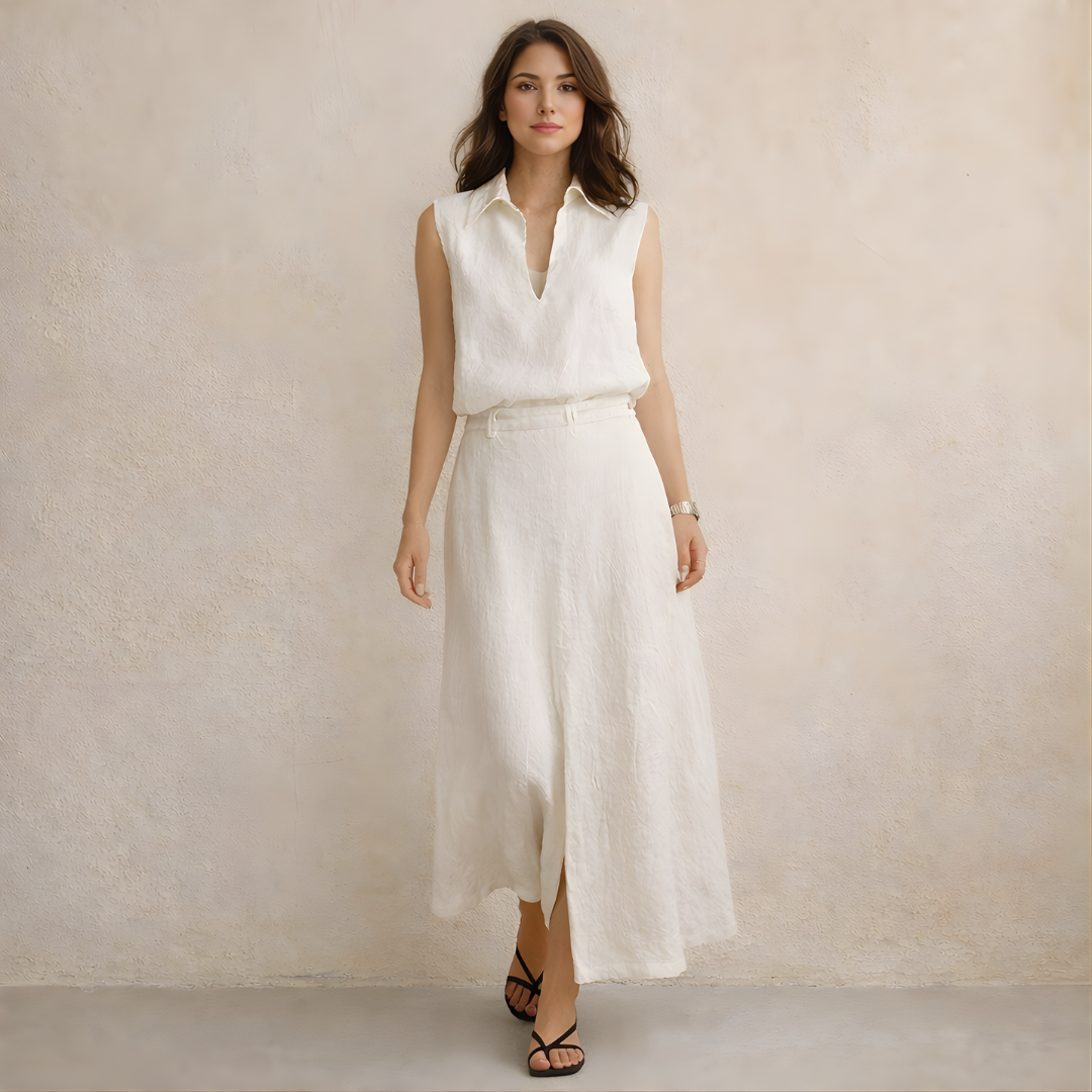 Linen Women's Co-ord Set - Sleeveless V-Neck Shirt & Skirt for Casual Wear
