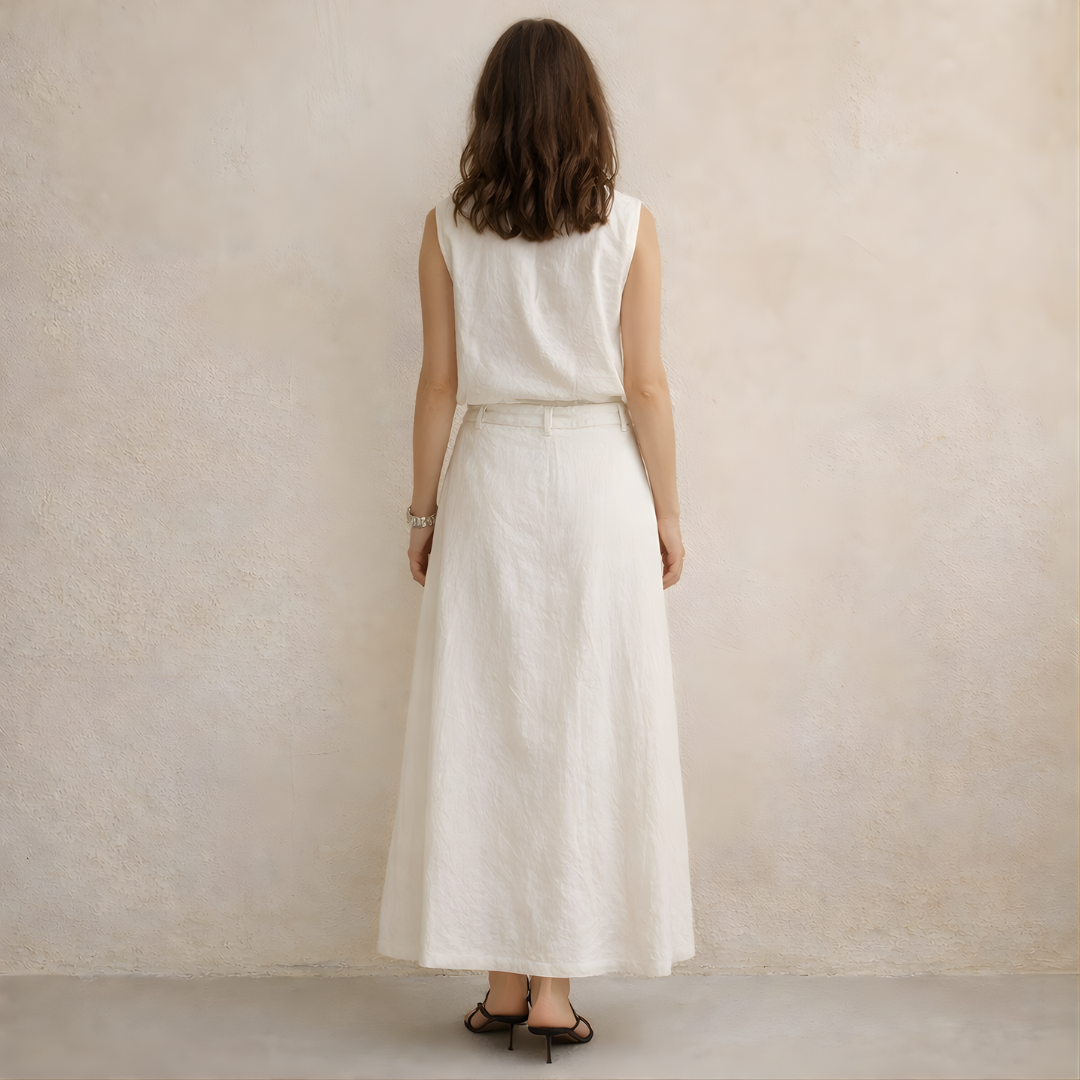 Linen Women's Co-ord Set - Sleeveless V-Neck Shirt & Skirt for Casual Wear
