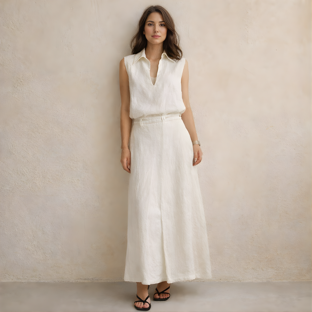 Linen Women's Co-ord Set - Sleeveless V-Neck Shirt & Skirt for Casual Wear