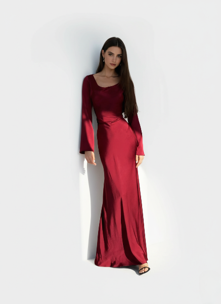 Long Sleeve Maxi Dress for Wedding Guests - Elegant Chiffon Evening Gown with Flowing Skirt